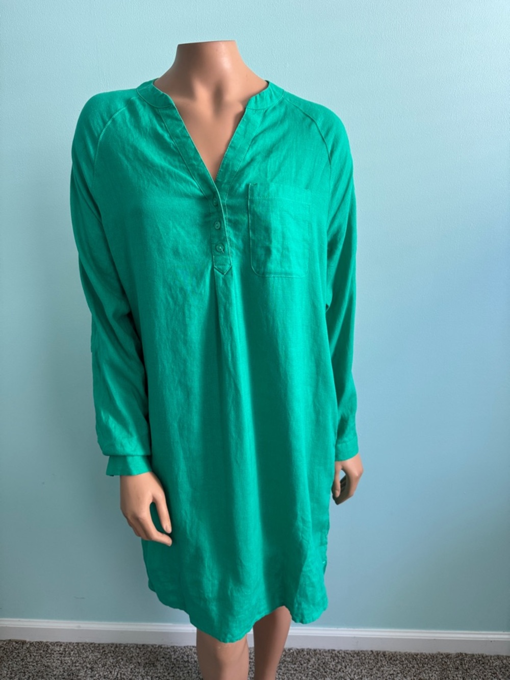 Martha Stewart Linen Bright Teal Long Sleeve Tunic Dress